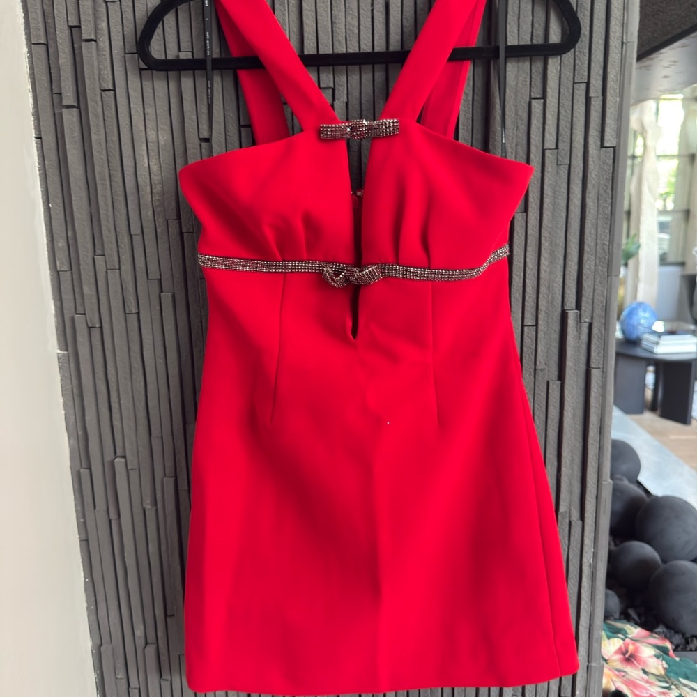 Self-Portrait Red Mini Dress with Embellished Straps